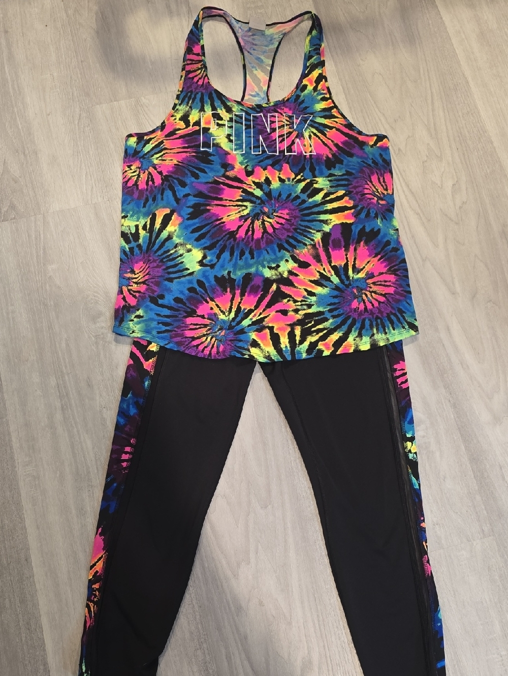 PINK Tie-Dye Racerback Tank with Black Legging Set